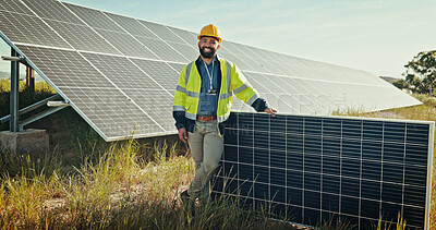Buy stock photo Man, portrait and work with solar panel at farm, energy saving and supervisor for maintenance. Male person, renewable power supply and outdoor for ecology engineering, safety helmet and grid system