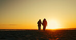 Sunset, holding hands and relax with old women at beach for summer vacation, retirement and happiness. Holiday, bonding and tourism with back of senior people for friends, adventure and mockup space
