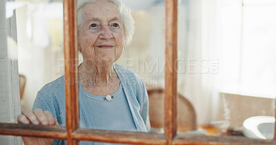 Buy stock photo Thinking, window and calm with old woman in living room for memory, reflection and mindfulness. Peace, inspiration and vision with senior person in nursing home for retirement, decision and wonder