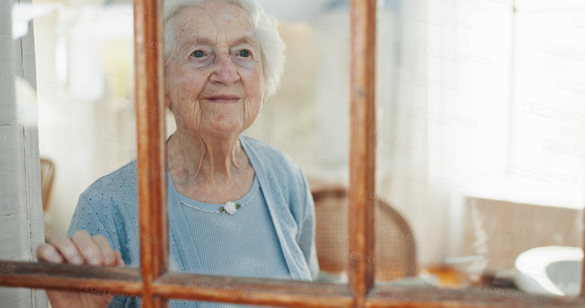 Buy stock photo Thinking, window and calm with old woman in living room for memory, reflection and mindfulness. Peace, inspiration and vision with senior person in nursing home for retirement, decision and wonder