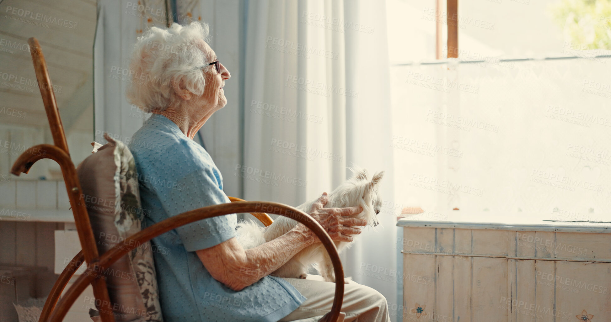 Buy stock photo Dog, senior woman and living room for thinking, loyalty and affection as emotional support animal. Puppy, elderly person and attention for wellness, pet care or bonding as together in retirement home