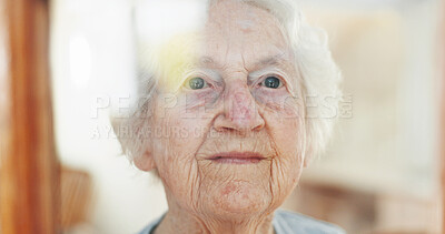 Buy stock photo Thinking, window and idea with old woman in living room for memory, reflection and mindfulness. Peace, inspiration and vision with senior person in nursing home for retirement, decision and wonder