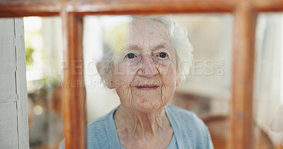 Buy stock photo Thinking, window and peace with old woman in living room for memory, reflection and mindfulness. Smile, inspiration and vision with senior person in nursing home for retirement, decision and wonder