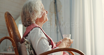 Buy stock photo Tea cup, senior woman and thinking with relax, hydration and nutrition as pensioner in living room. Nostalgia, elderly person and reflection for wellness, mental health and memory in retirement home