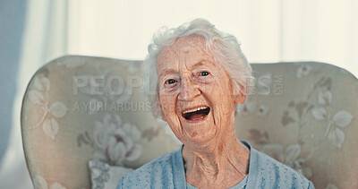 Buy stock photo Laughing, portrait and retirement with senior woman in old age home for comedy, humor or wellness. Chair, face and funny with happy person in assisted living facility for elderly care or rest