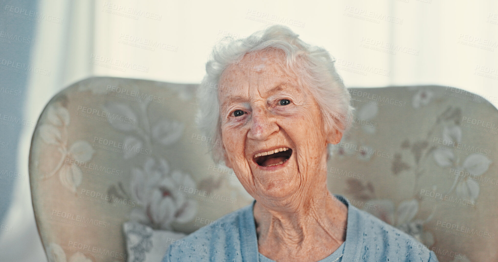 Buy stock photo Laughing, portrait and retirement with senior woman in old age home for comedy, humor or wellness. Chair, face and funny with happy person in assisted living facility for elderly care or rest