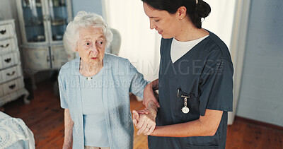 Buy stock photo Holding hands, support and nurse with old person in living room for healthcare, caregiver and empathy. Retirement, volunteer and elderly care with people in nursing home for trust, patient and help