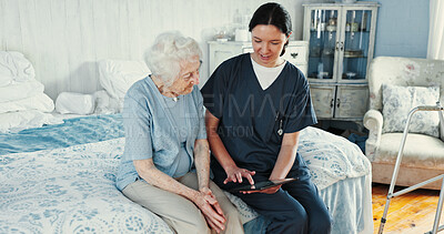 Buy stock photo Senior woman, caregiver and smile on tablet in bedroom for medical report, wellness news and healthcare. Elderly person, volunteer and explain with digital, insurance update and information at house