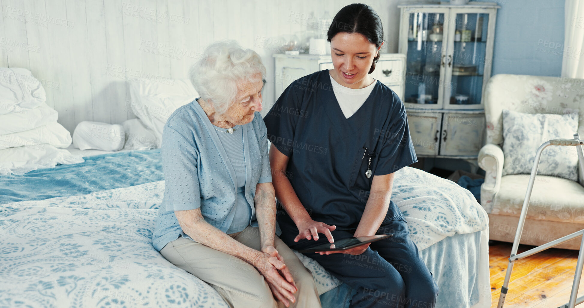 Buy stock photo Senior woman, caregiver and smile on tablet in bedroom for medical report, wellness news and healthcare. Elderly person, volunteer and explain with digital, insurance update and information at house