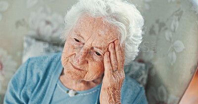 Buy stock photo Thinking, sad and memory with old woman on sofa for reflection, Alzheimer and mindset. Depression, tired and retirement with senior person in living room of nursing home for mental health and vision