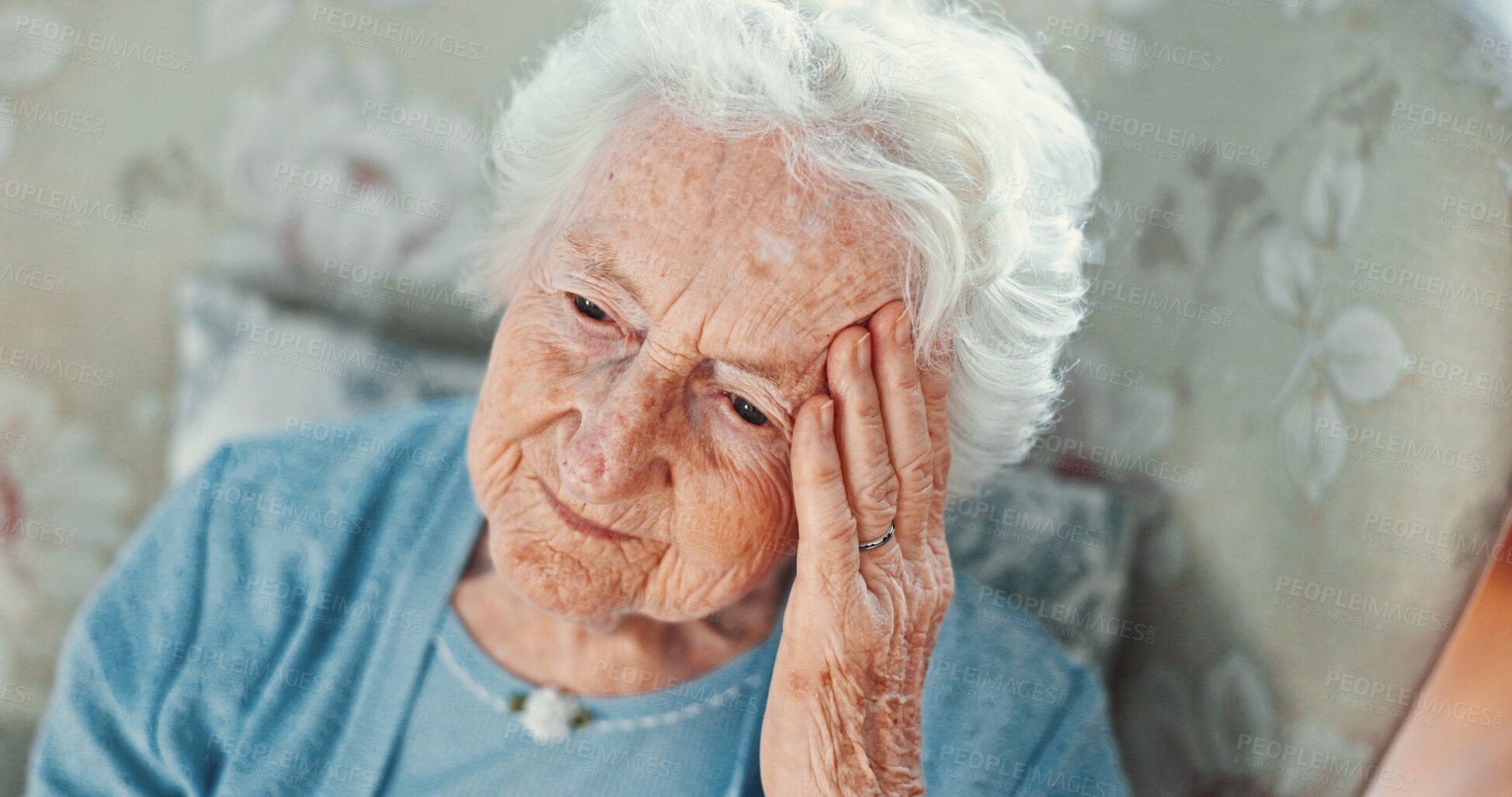 Buy stock photo Thinking, sad and memory with old woman on sofa for reflection, Alzheimer and mindset. Depression, tired and retirement with senior person in living room of nursing home for mental health and vision