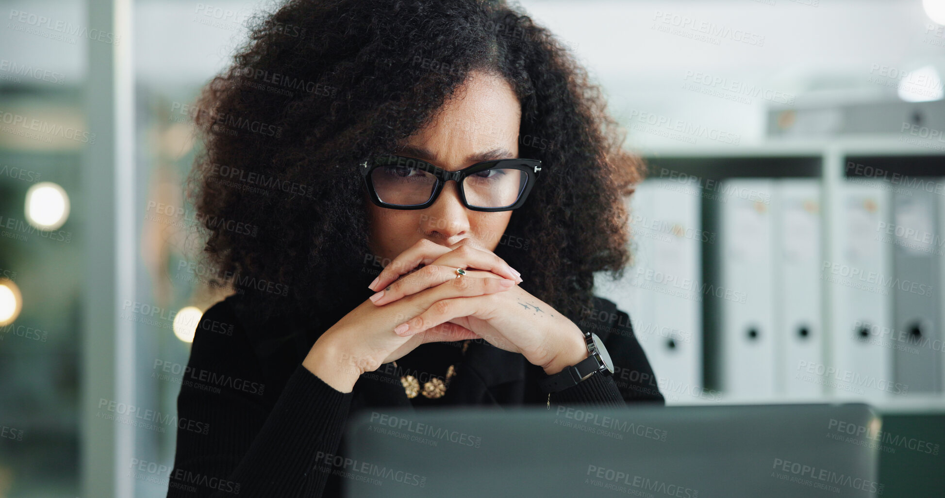 Buy stock photo Thinking, laptop and reading with business woman in office for research, reflection and legal clerk. Lawyer, litigation case and corporate attorney with person in law firm for memory and review