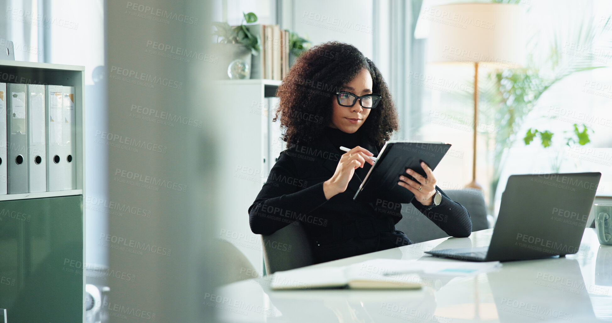 Buy stock photo Laptop, tablet and business woman in office for online planning, administration and research. Corporate hr, professional and worker on computer and tech for website, information and project deadline