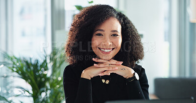 Buy stock photo Portrait, business and woman with happiness, hands together and journalist with smile. Face, person and employee in modern office, pride and copywriting with confidence, professional and skills