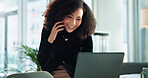 Business, woman and phone call with laptop in office for communication, planning schedule and happy news. Smile, person and mobile with discussion, reading email and negotiation feedback for proposal