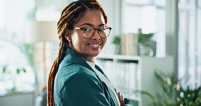 Buy stock photo Happy, confident and portrait of businesswoman in office with positive attitude for legal career. Smile, glasses and face of professional African female attorney with pride for law case in workplace.