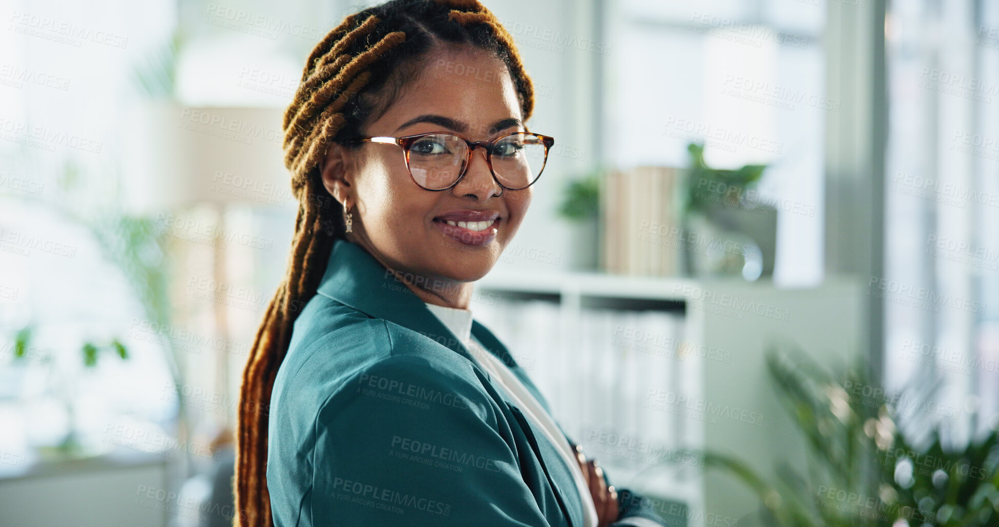 Buy stock photo Happy, confident and portrait of businesswoman in office with positive attitude for legal career. Smile, glasses and face of professional African female attorney with pride for law case in workplace.