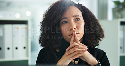 Buy stock photo Thinking, ideas and business woman in office for solution, planning and problem solving. Corporate, professional and African person with inspiration for company opportunity, career and job decision