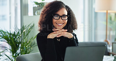 Buy stock photo Smile, portrait and business woman in office with confidence, laptop and pride at accounting agency. Consultant, accountant and happy businesswoman at desk for professional online risk management