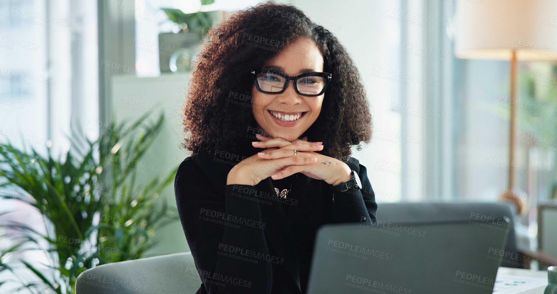 Buy stock photo Smile, portrait and business woman in office with confidence, laptop and pride at accounting agency. Consultant, accountant and happy businesswoman at desk for professional online risk management