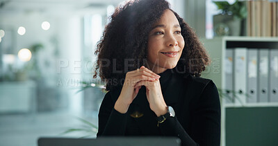 Buy stock photo Smile, thinking and business woman in office for ideas, development or budget growth at accounting agency. Admin, accountant or happy businesswoman at laptop with financial planning for online report