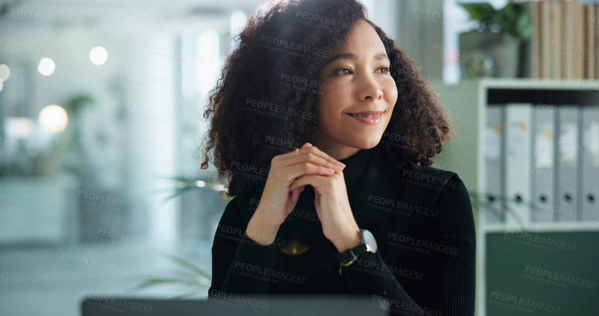 Buy stock photo Smile, thinking and business woman in office for ideas, development or budget growth at accounting agency. Admin, accountant or happy businesswoman at laptop with financial planning for online report