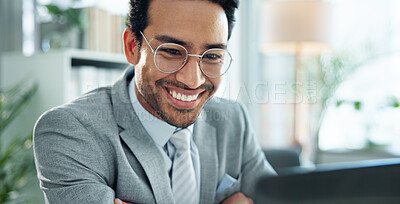 Buy stock photo Smile, laptop and reading with business man in office for email, research or corporate governance specialist. Stakeholder liaison, crm manager and news with person in firm for report and compliance
