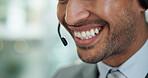 Customer service, call center and smile of business man for talking, online consulting and contact. Corporate office, computer and person with headset for communication, CRM support and telemarketing