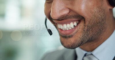 Buy stock photo Customer service, call center and smile of business man for talking, online consulting and contact. Corporate office, computer and person with headset for communication, CRM support and telemarketing