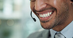 Person, call center and mouth with microphone, headset and customer service with smile in modern office. Man, consultant or agent with contact us, happy and voip connection for support at help desk