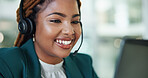 Customer service, call center and happy business woman for talking, online consulting and contact. Corporate office, computer and person with headset for communication, CRM support and telemarketing