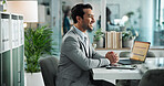 Man, accountant and thinking on budget in office, investment revenue ideas and brainstorming. Male person, professional contemplating and workplace for finance, problem solving and desk for ponder