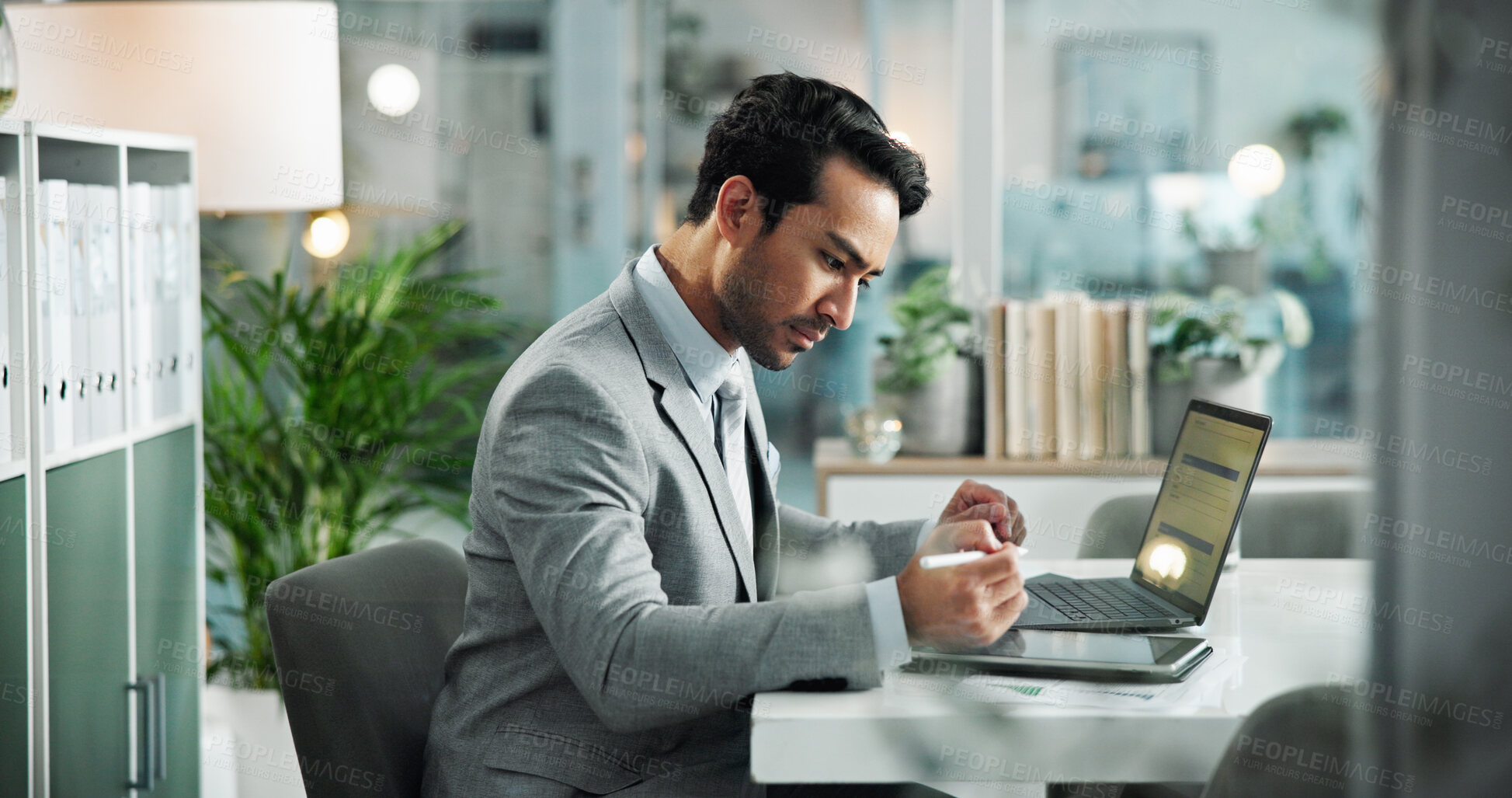 Buy stock photo Businessman, tablet or reading in office for planning, administration or schedule on laptop. Accountant, tech or thinking in agency for calendar update, economy research or company finance management