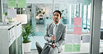 Thinking, sticky notes and business man on tablet in office for schedule, brainstorming and problem solving on glass. Professional, corporate and man on digital tech for website, research or planning