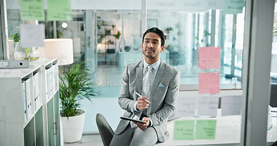 Buy stock photo Thinking, sticky notes and business man on tablet in office for schedule, brainstorming and problem solving on glass. Professional, corporate and man on digital tech for website, research or planning