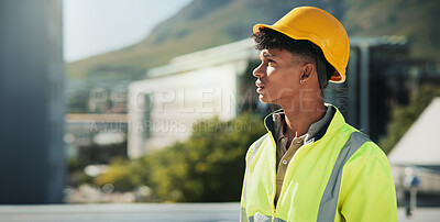 Buy stock photo Construction, thinking and man on building in city for site inspection, safety and engineering. Ideas, project management and contractor on roof for maintenance, architecture and urban development