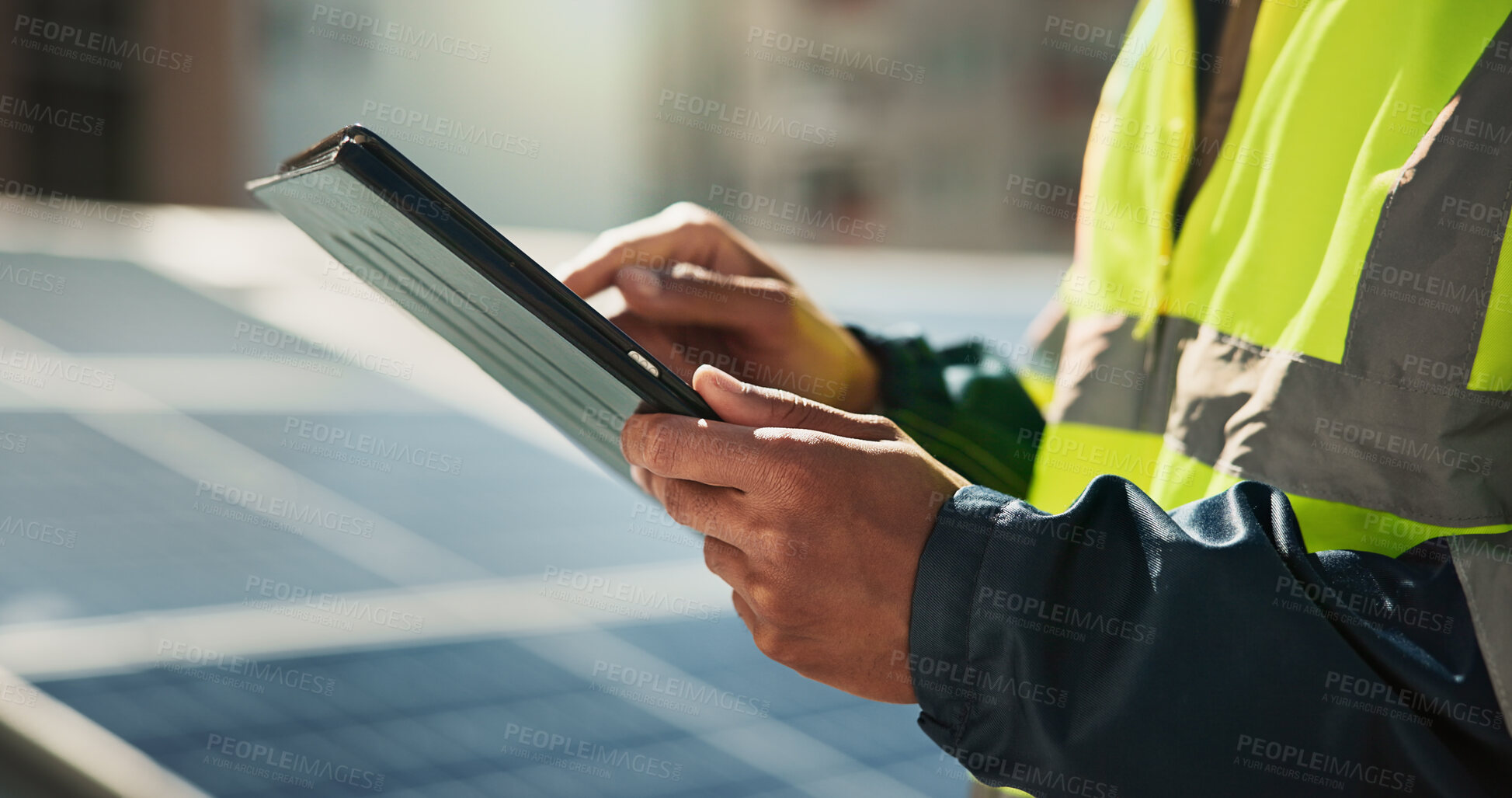 Buy stock photo Solar panels, hand and tablet with person in city for photovoltaic grid, technician and engineer. Renewable energy, power generator and inspection with closeup for contractor and maintenance 