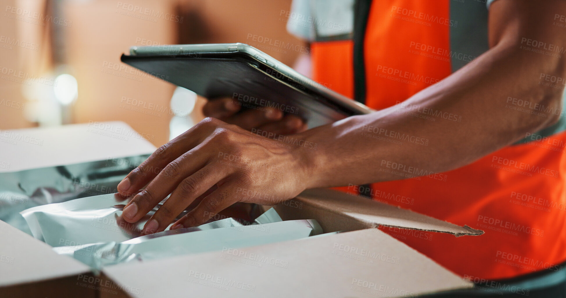 Buy stock photo Hands, box and tablet for shipping at warehouse with count, inventory and check with supply chain job. Person, freight and touchscreen for checklist, app and package with logistics for distribution