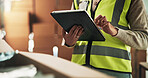 Supply chain, warehouse and hands of person on tablet for inspection, shipping and delivery inventory. Factory, distribution and man on digital tech for logistics, manufacturing or package production