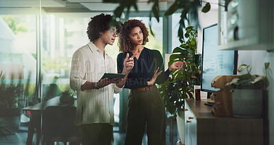 Buy stock photo Man, woman and tablet in planning at startup with board, review and brainstorming with charts with sustainability. People, partnership and touchscreen with app, point and consulting at climate agency