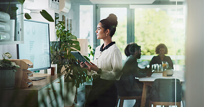 Employee, woman and tablet with statistics on monitor for financial review, report and growth as accountant. Female person, business and thinking at office with chart for data analysis and revenue
