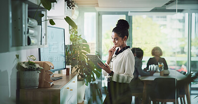 Buy stock photo Office, smile and woman with tablet, business and happy for media release, brand specialist and review. Online, reading and market research for trends, info and competition analysis for campaign