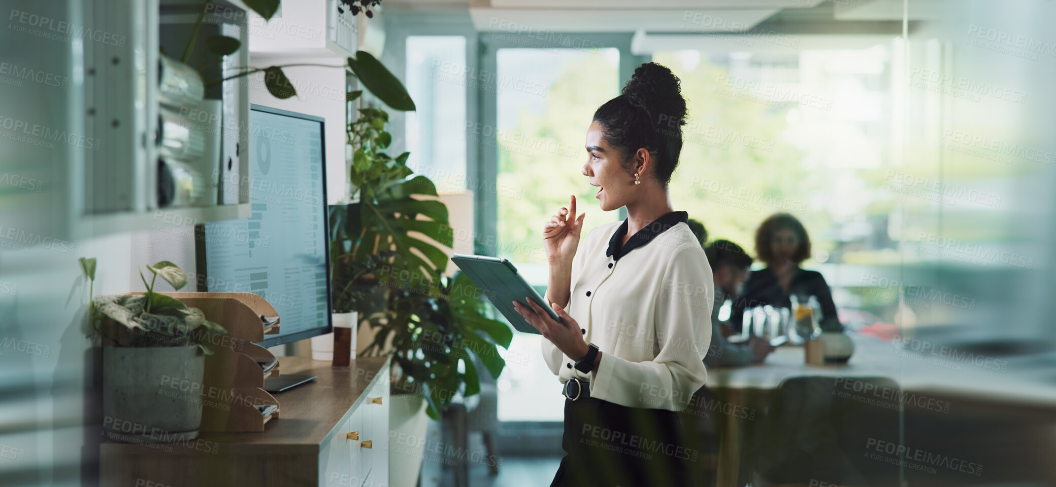 Buy stock photo Office, smile and woman with tablet, ideas and happy for media release, brand specialist and campaign. Online, thinking and market research for trends, info and competition analysis for business
