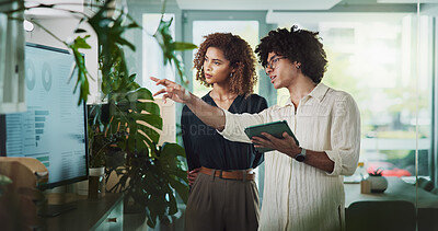 Buy stock photo Man, woman and tablet in review at startup with monitor, stats and brainstorming with charts with sustainability. People, partnership and touchscreen with app, synergy and climate consulting agency