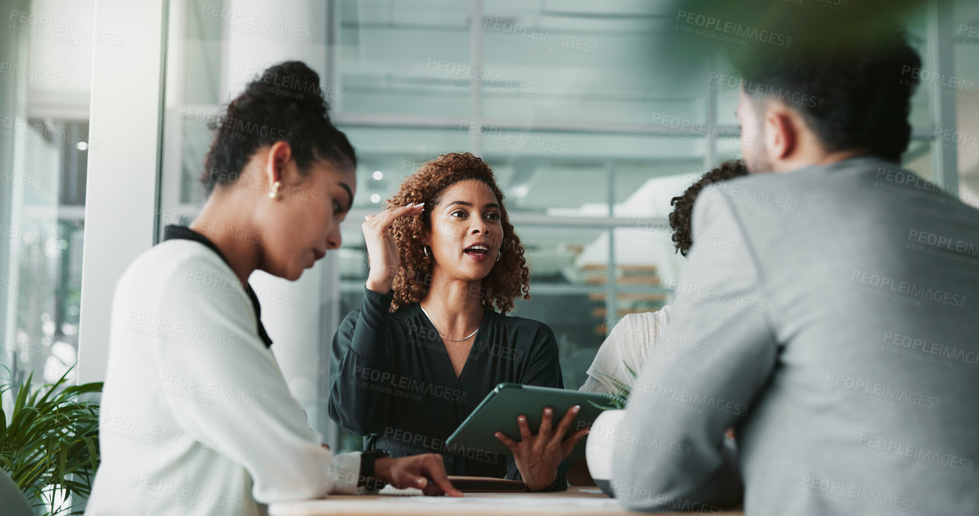 Buy stock photo Woman, lawyer and tablet at meeting with team, planning and discussion for review for legal case in office. People, attorney and digital touchscreen with group, negotiation and feedback at law firm