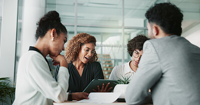 Buy stock photo Tablet, meeting and business people in office for collaboration on creative project in multimedia. Discussion, digital technology and team of copywriters with planning for journalism in workplace.