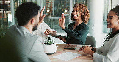 Buy stock photo Women, high five and tablet at meeting, success and happy with congratulations, goals and diversity at startup. People, group and teamwork with celebration, cheers or achievement at creative agency