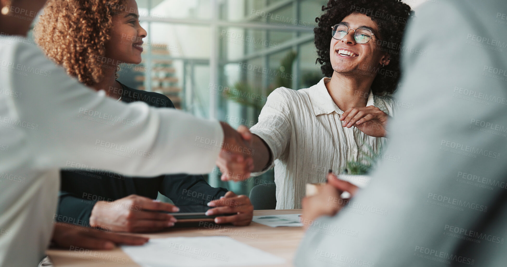 Buy stock photo People, happy and handshake in office for agreement, creative collaboration and new partnership. Design team, meeting and shaking hands in agency for deal, support and project onboarding in company