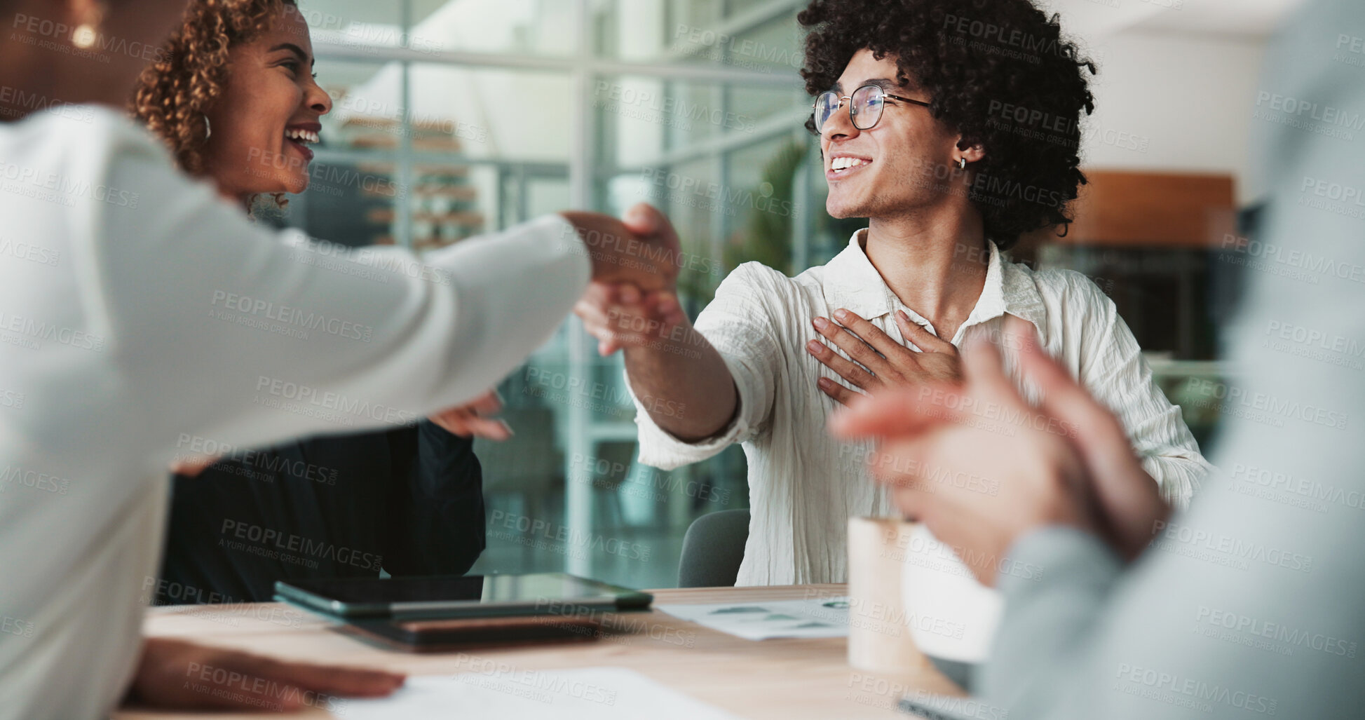 Buy stock photo People, happy or handshake in office for congratulations, creative collaboration or promotion. Design team, applause or shaking hands in agency for well done, support or project onboarding in company