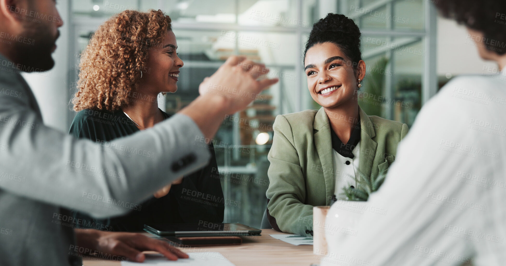 Buy stock photo Laugh, office and business people in meeting for teamwork, collaboration and discussion. Corporate, professional and happy men and women with feedback, synergy and agreement for coworking project
